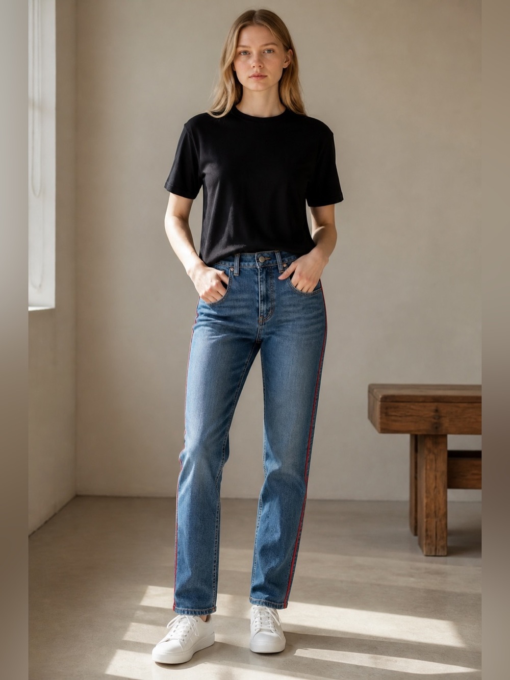 Vince Camuto Straight-Leg Jeans in Blue with Red Side Stripe